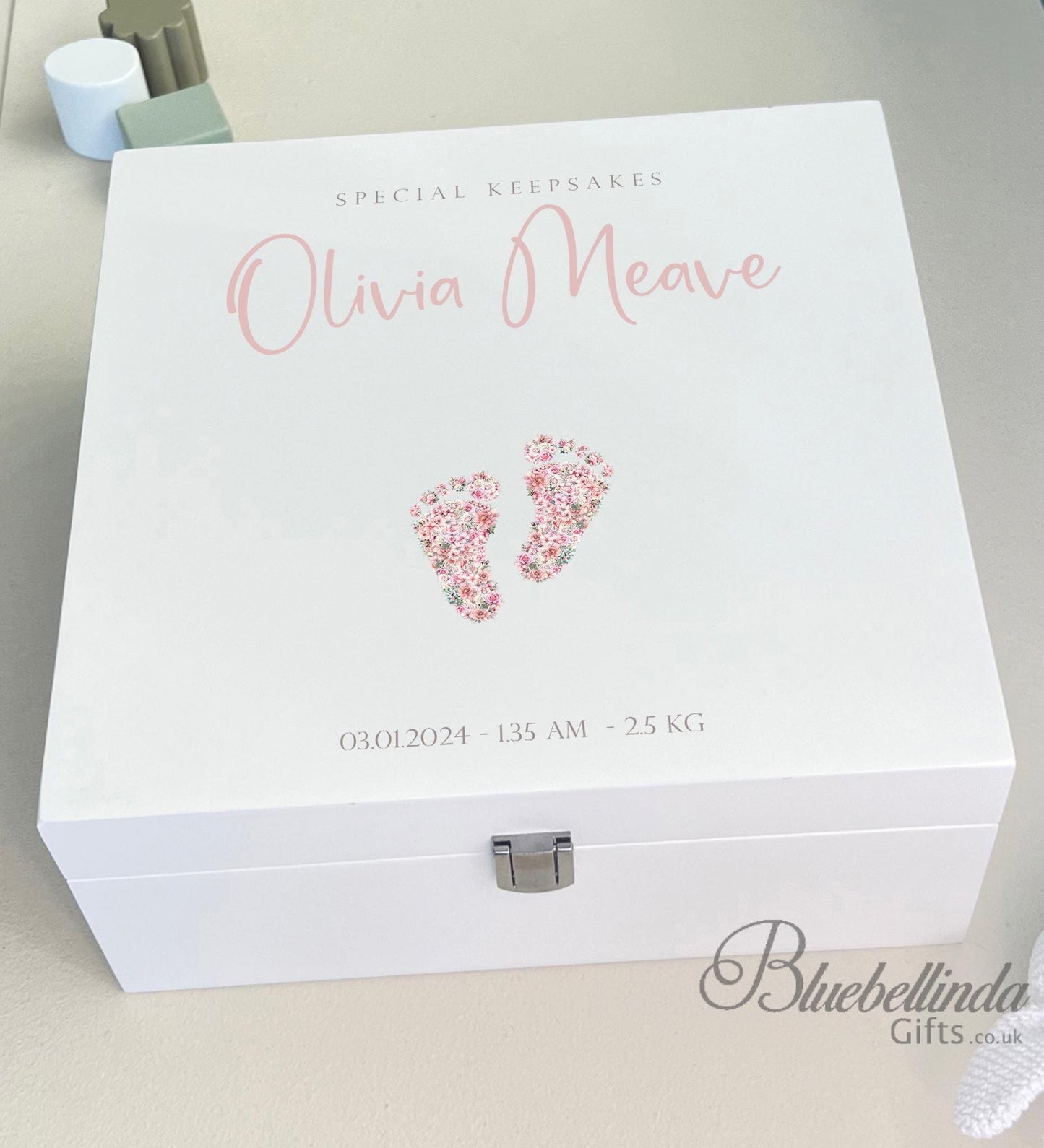 Luxury Personalised Baby Keepsake Memory Box, pink Design, Baby box, Wooden Box, New Baby Gift, Birth Stats, Bluebellinda Gifts