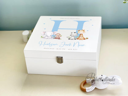 Personalized Baby Keepsake Box: Blue Animal Design, Birth Stats