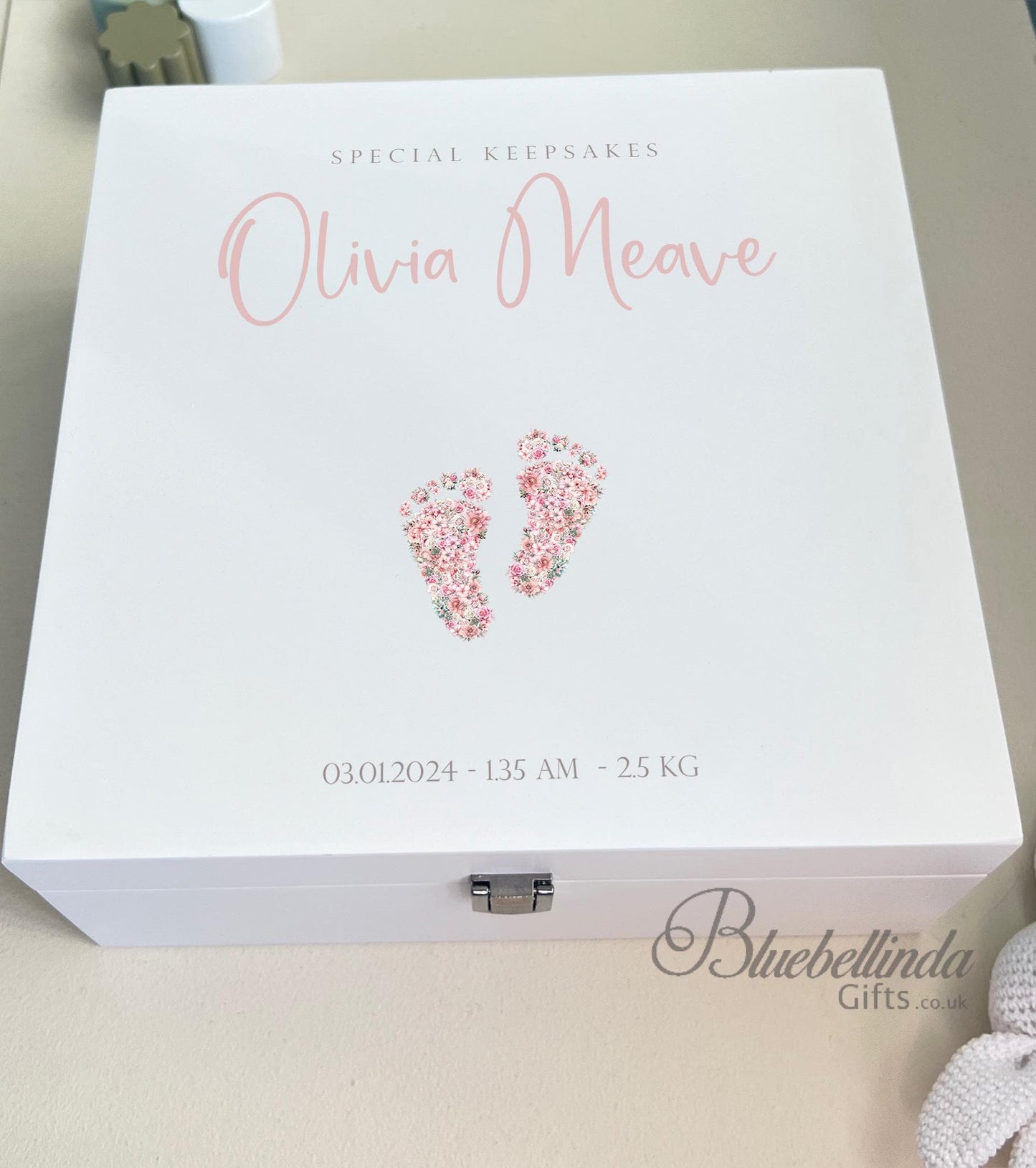 Luxury Personalised Baby Keepsake Memory Box, pink Design, Baby box, Wooden Box, New Baby Gift, Birth Stats, Bluebellinda Gifts