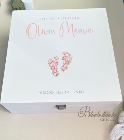 5 Luxury Personalised Baby Keepsake Memory Box, pink Design, Baby box, Wooden Box, New Baby Gift, Birth Stats, Bluebellinda Gifts