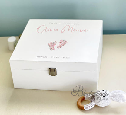 Luxury Personalised Baby Keepsake Memory Box, pink Design, Baby box, Wooden Box, New Baby Gift, Birth Stats, Bluebellinda Gifts