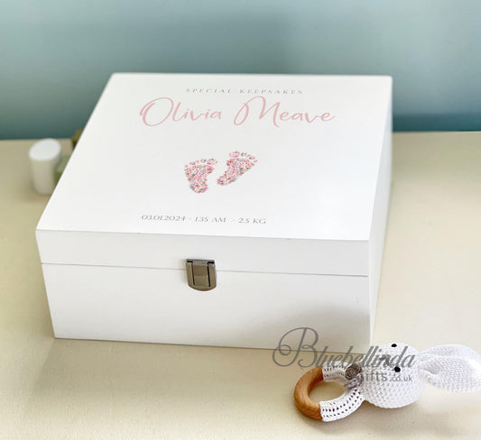 Luxury Personalised Baby Keepsake Memory Box, pink Design, Baby box, Wooden Box, New Baby Gift, Birth Stats, Bluebellinda Gifts