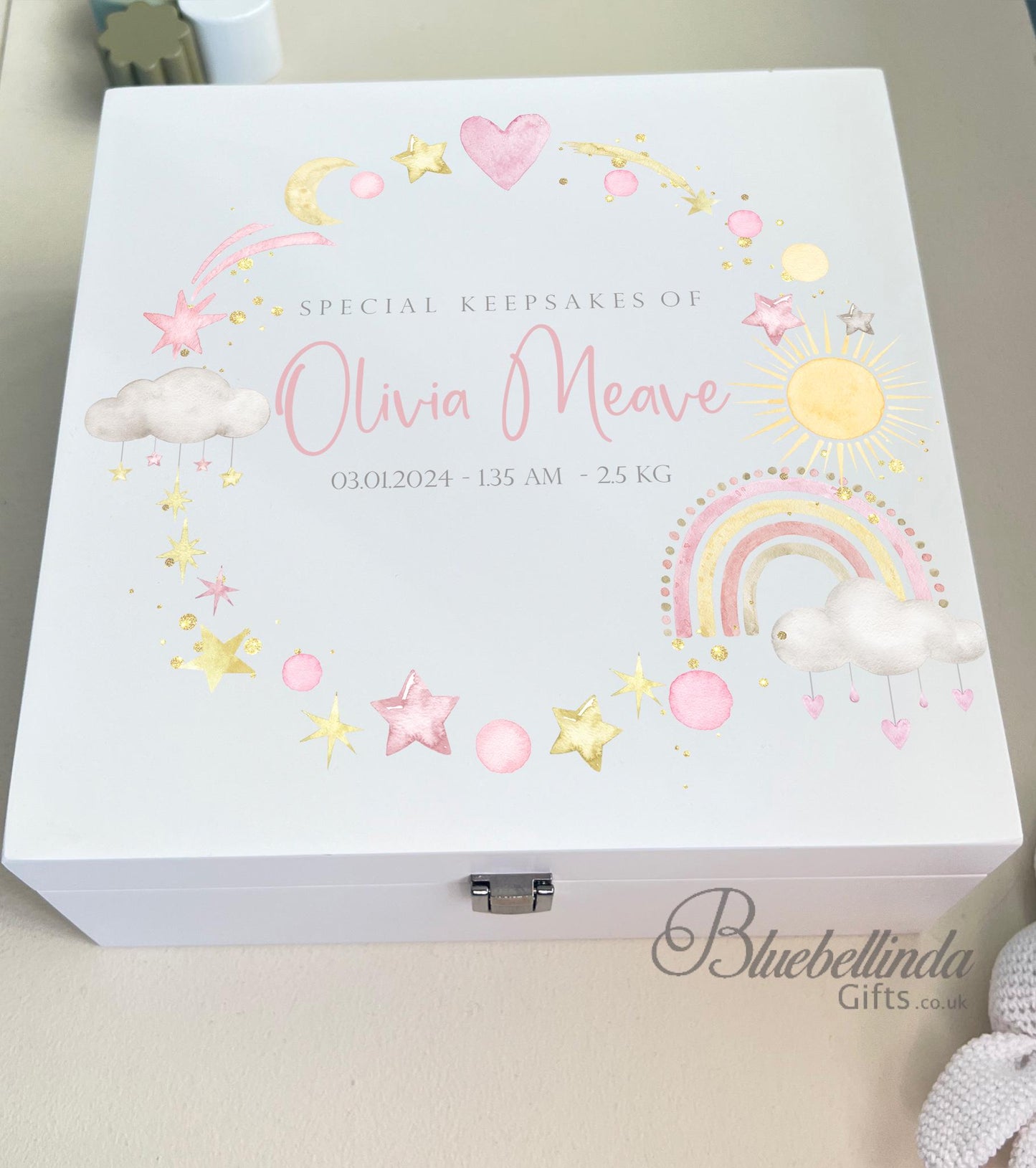 24 Luxury Personalised Baby Keepsake Memory Box, pink Design, Baby box, Wooden Box, New Baby Gift, Birth Stats, Bluebellinda Gifts