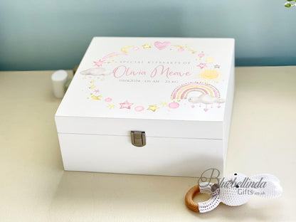 24 Luxury Personalised Baby Keepsake Memory Box, pink Design, Baby box, Wooden Box, New Baby Gift, Birth Stats, Bluebellinda Gifts