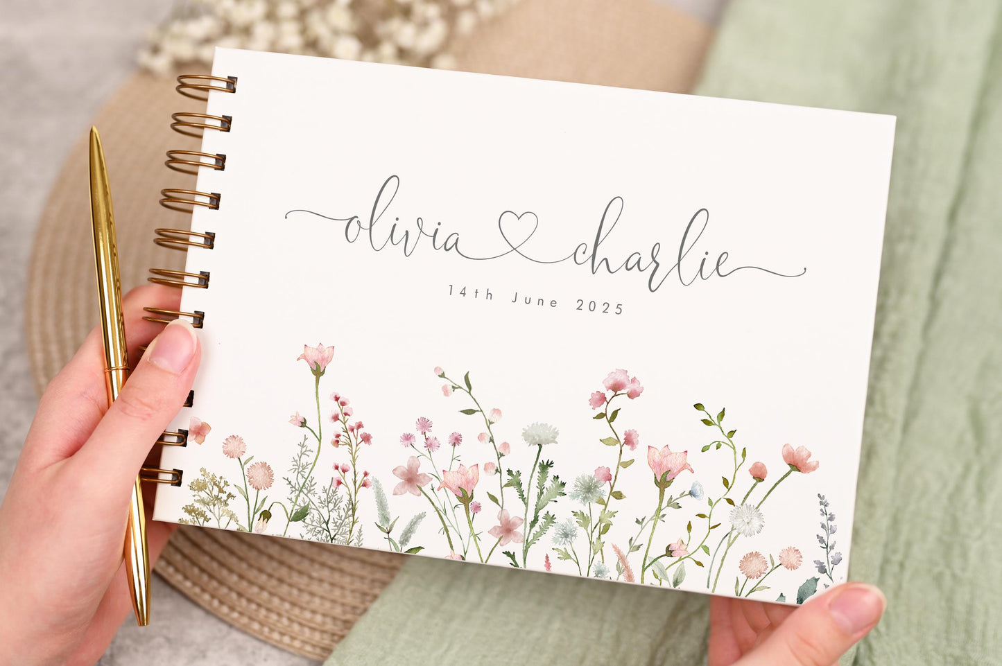 Personalised Wedding Guest Book, High Quality Hand-printed Book, Floral flowers wildflowers Modern Wedding Design, Wedding Photo Album