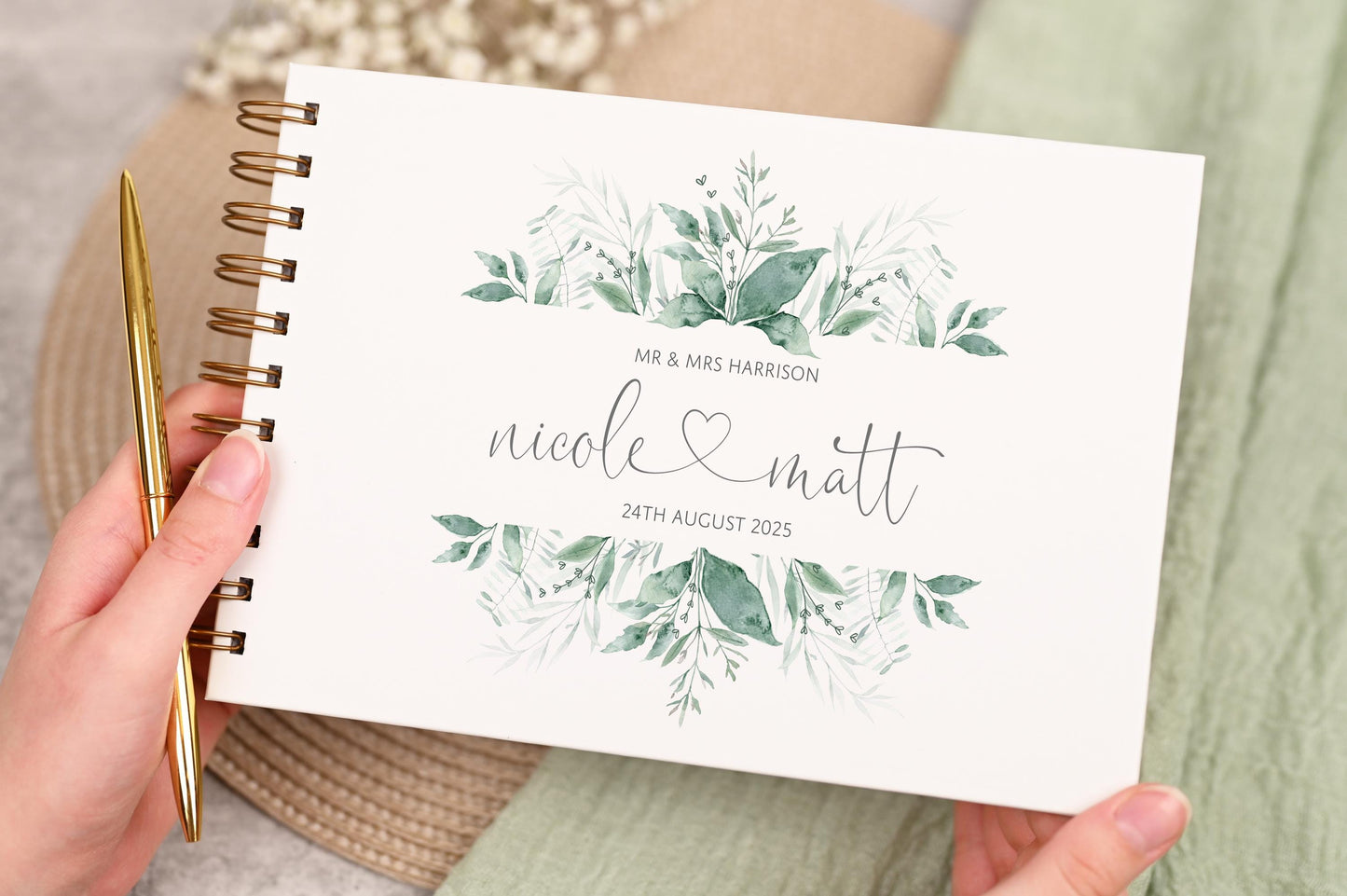 Personalised Wedding Guest Book, High Quality Hand-printed Book, Green leafy leaves greenery Modern Wedding Design, Wedding Photo Album