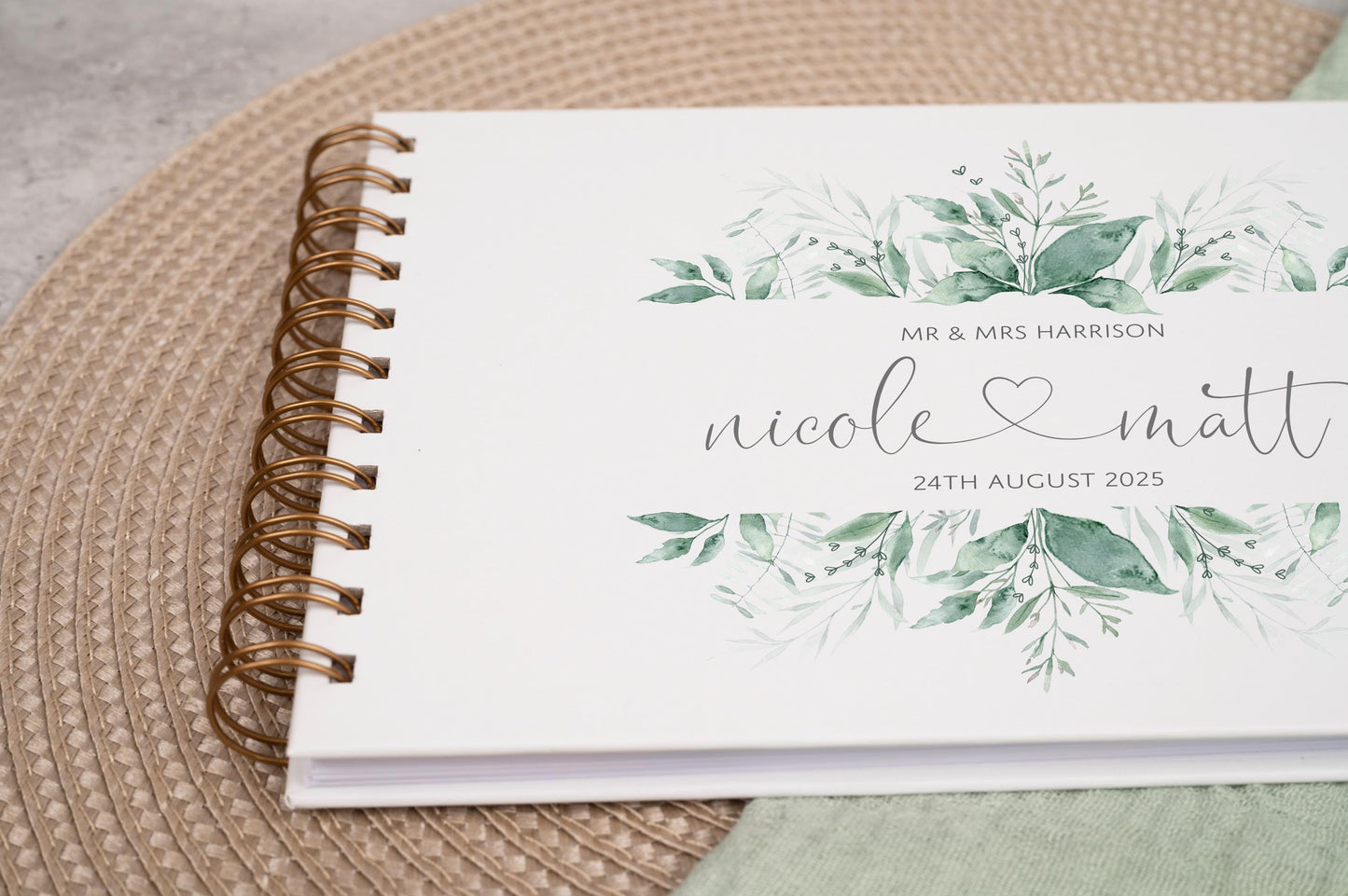 Personalised Wedding Guest Book, High Quality Hand-printed Book, Green leafy leaves greenery Modern Wedding Design, Wedding Photo Album