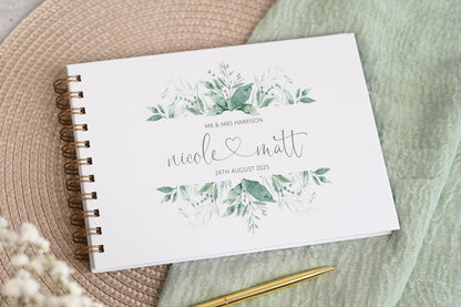 Personalised Wedding Guest Book, High Quality Hand-printed Book, Green leafy leaves greenery Modern Wedding Design, Wedding Photo Album