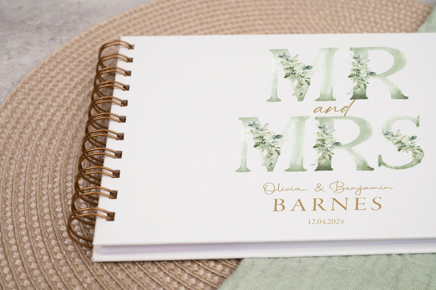 Personalised Wedding Guest Book, High Quality Hand-printed Book, Green Mr & Mrs Modern Wedding Design, Wedding Photo Album