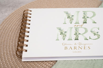 Personalised Wedding Guest Book, High Quality Hand-printed Book, Green Mr & Mrs Modern Wedding Design, Wedding Photo Album
