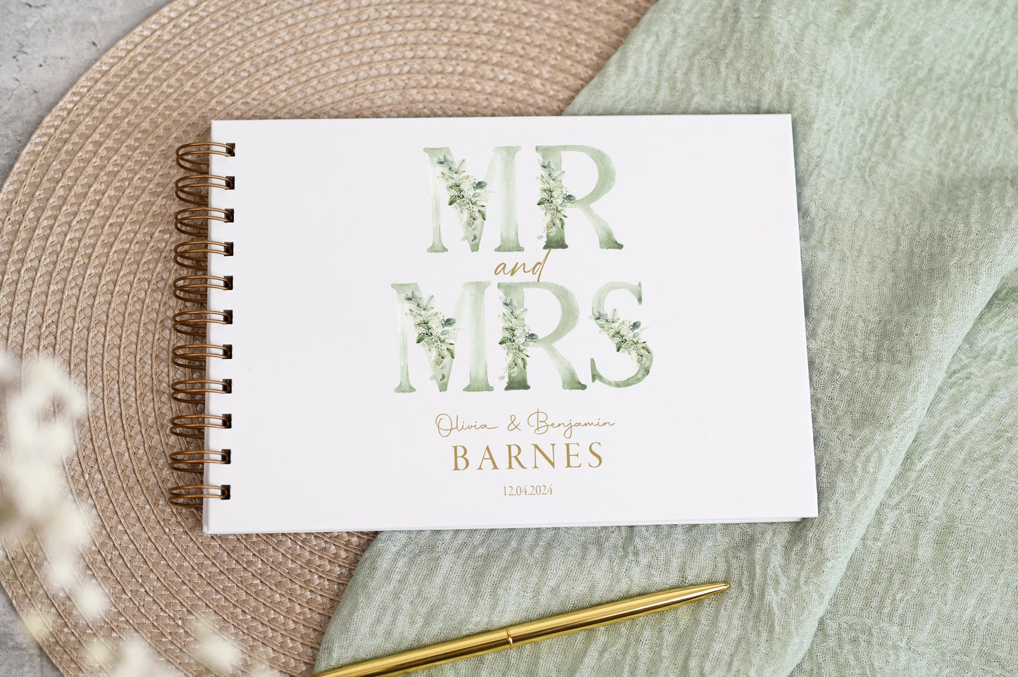 Personalised Wedding Guest Book, High Quality Hand-printed Book, Green Mr & Mrs Modern Wedding Design, Wedding Photo Album