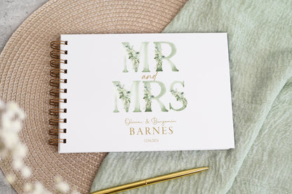 Personalised Wedding Guest Book, High Quality Hand-printed Book, Green Mr & Mrs Modern Wedding Design, Wedding Photo Album