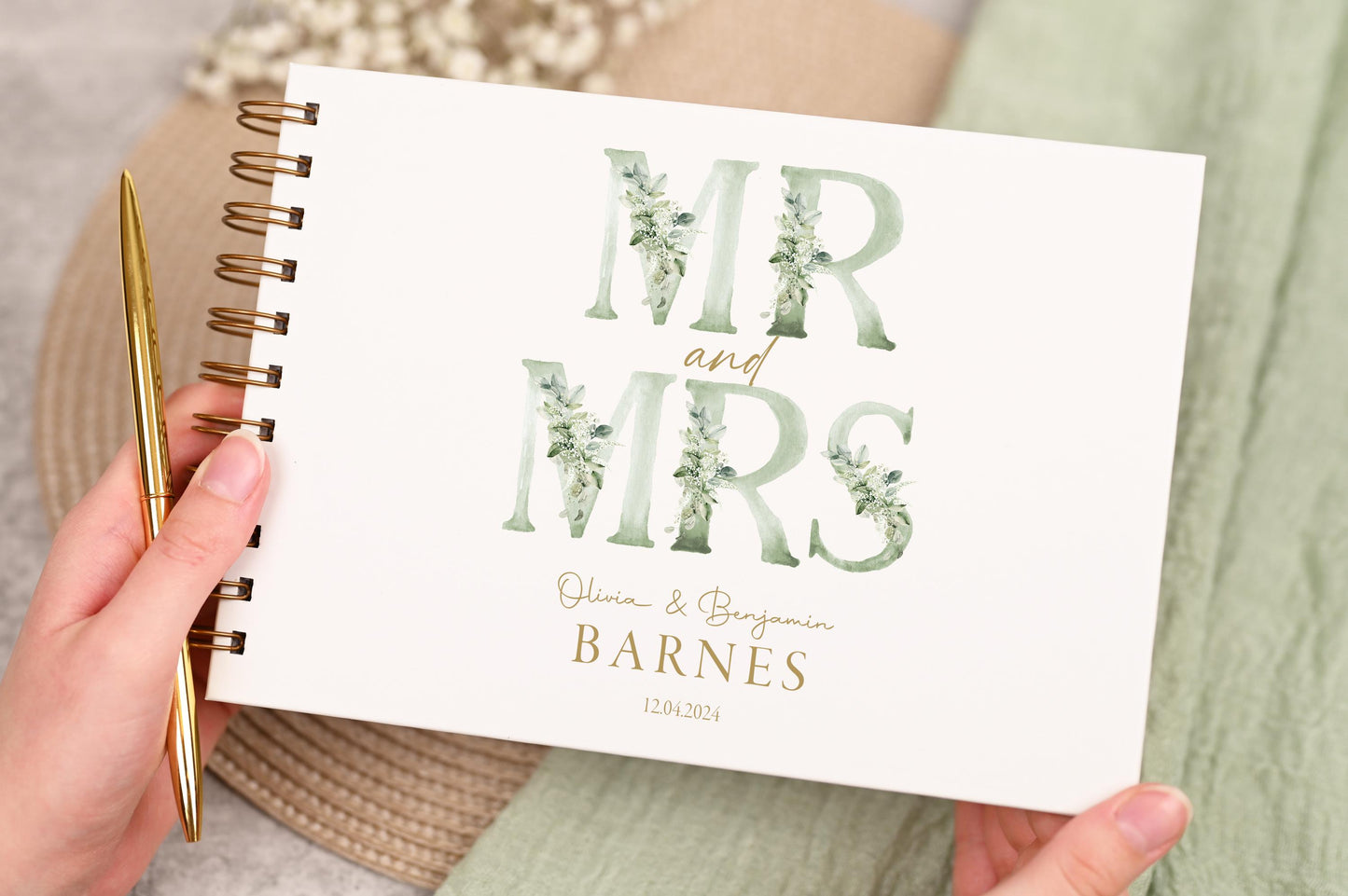 Personalised Wedding Guest Book, High Quality Hand-printed Book, Green Mr & Mrs Modern Wedding Design, Wedding Photo Album