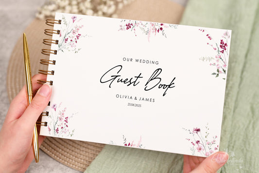 Personalised Wedding Guest Book, High Quality Hand-printed Book, Pink Flower Floral Modern Wedding Design, Wedding Photo Album