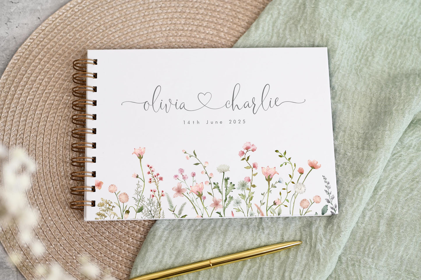 Personalised Wedding Guest Book, High Quality Hand-printed Book, Floral flowers wildflowers Modern Wedding Design, Wedding Photo Album