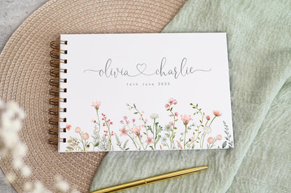Personalised Wedding Guest Book, High Quality Hand-printed Book, Floral flowers wildflowers Modern Wedding Design, Wedding Photo Album