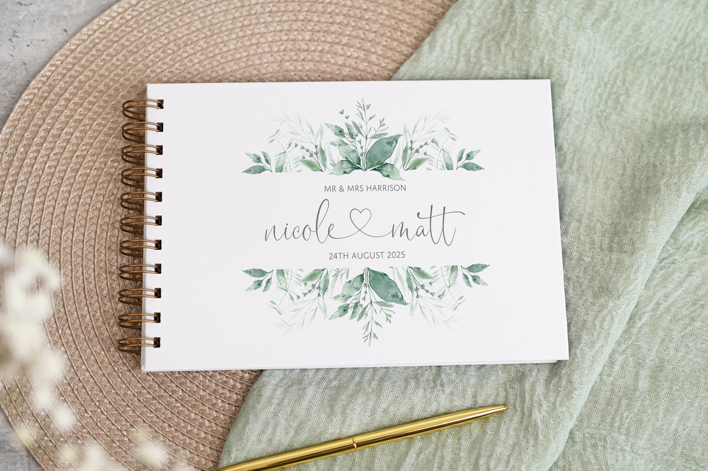 Personalised Wedding Guest Book, High Quality Hand-printed Book, Green leafy leaves greenery Modern Wedding Design, Wedding Photo Album