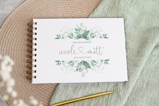Personalised Wedding Guest Book, High Quality Hand-printed Book, Green leafy leaves greenery Modern Wedding Design, Wedding Photo Album