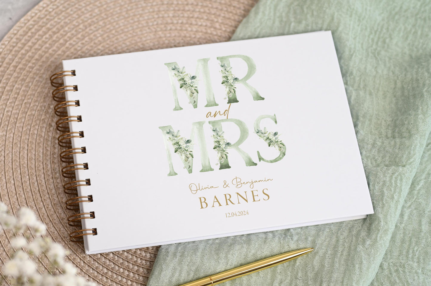 Personalised Wedding Guest Book, High Quality Hand-printed Book, Green Mr & Mrs Modern Wedding Design, Wedding Photo Album