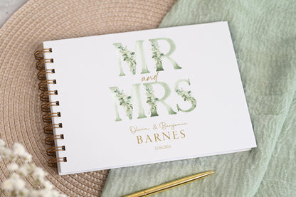 Personalised Wedding Guest Book, High Quality Hand-printed Book, Green Mr & Mrs Modern Wedding Design, Wedding Photo Album