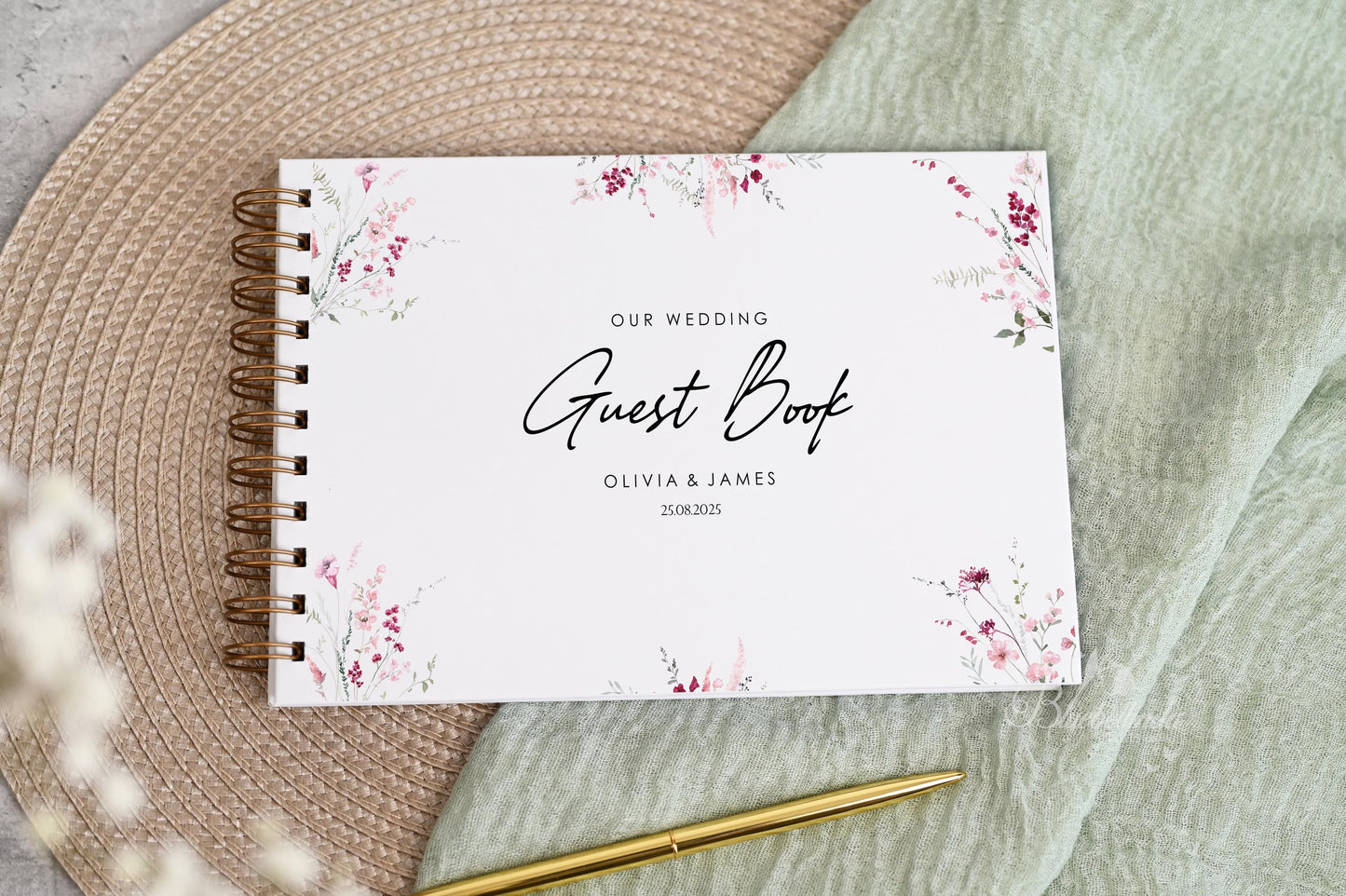 Personalised Wedding Guest Book, High Quality Hand-printed Book, Pink Flower Floral Modern Wedding Design, Wedding Photo Album