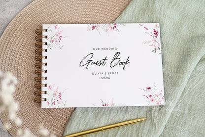 Personalised Wedding Guest Book, High Quality Hand-printed Book, Pink Flower Floral Modern Wedding Design, Wedding Photo Album