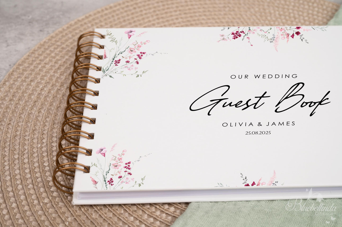 Personalised Wedding Guest Book, High Quality Hand-printed Book, Pink Flower Floral Modern Wedding Design, Wedding Photo Album