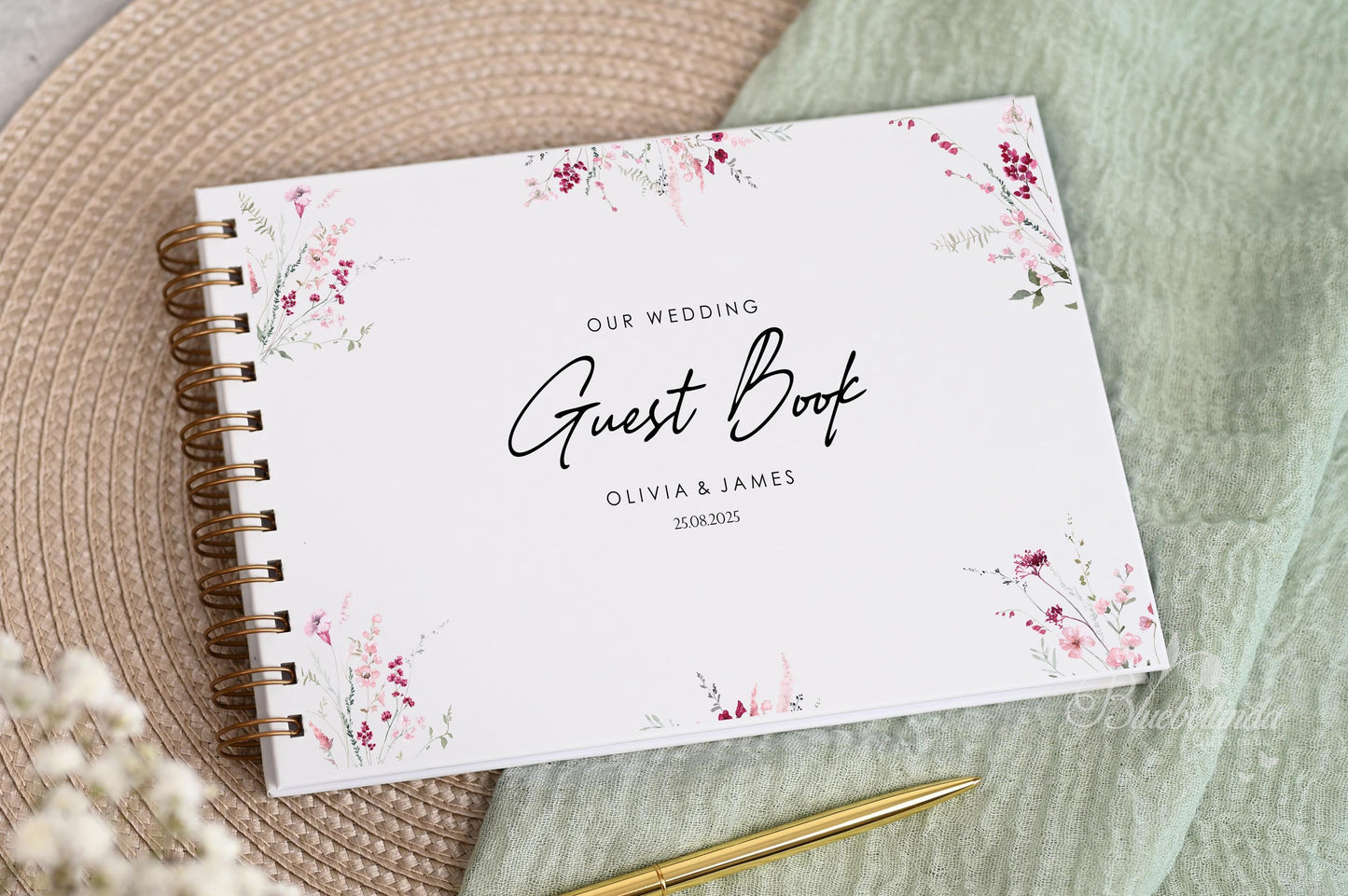 Personalised Wedding Guest Book, High Quality Hand-printed Book, Pink Flower Floral Modern Wedding Design, Wedding Photo Album