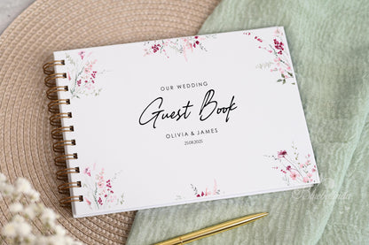 Personalised Wedding Guest Book, High Quality Hand-printed Book, Pink Flower Floral Modern Wedding Design, Wedding Photo Album