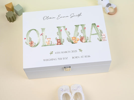Personalized Woodland Animals Keepsake Box: Green Initial White Wooden Memory Box