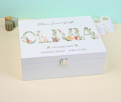 Personalized Woodland Animals Keepsake Box: Green Initial White Wooden Memory Box