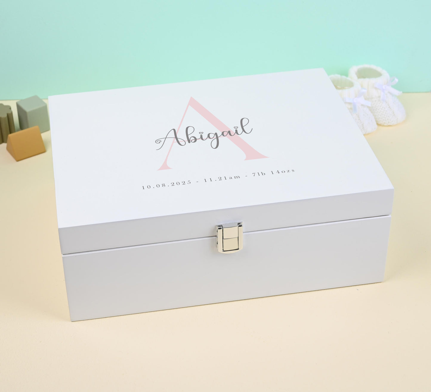 Luxury White Baby Keepsake Box - Personalised Green Initial Woodland Animals White Wooden Keepsake Box - new-born keepsake box