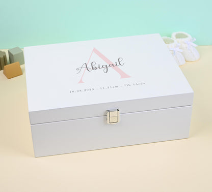 Luxury White Baby Keepsake Box - Personalised Green Initial Woodland Animals White Wooden Keepsake Box - new-born keepsake box