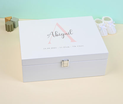 Luxury White Baby Keepsake Box - Personalised Green Initial Woodland Animals White Wooden Keepsake Box - new-born keepsake box