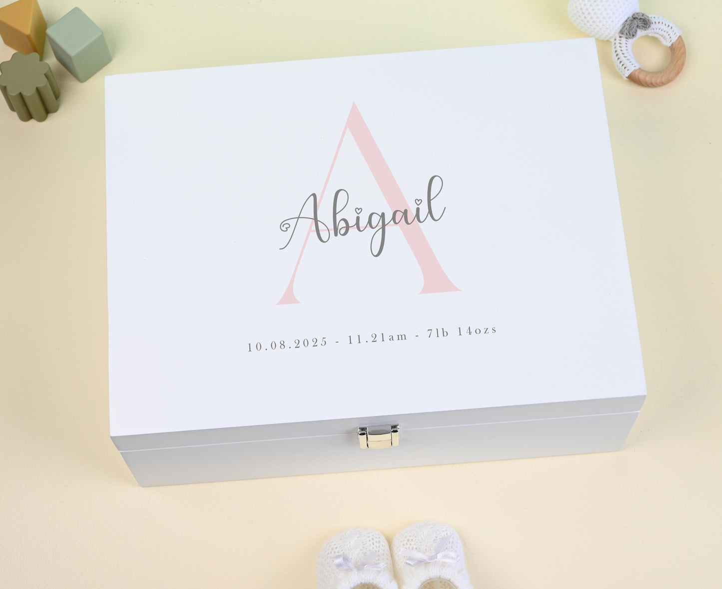 Luxury White Baby Keepsake Box - Personalised Green Initial Woodland Animals White Wooden Keepsake Box - new-born keepsake box