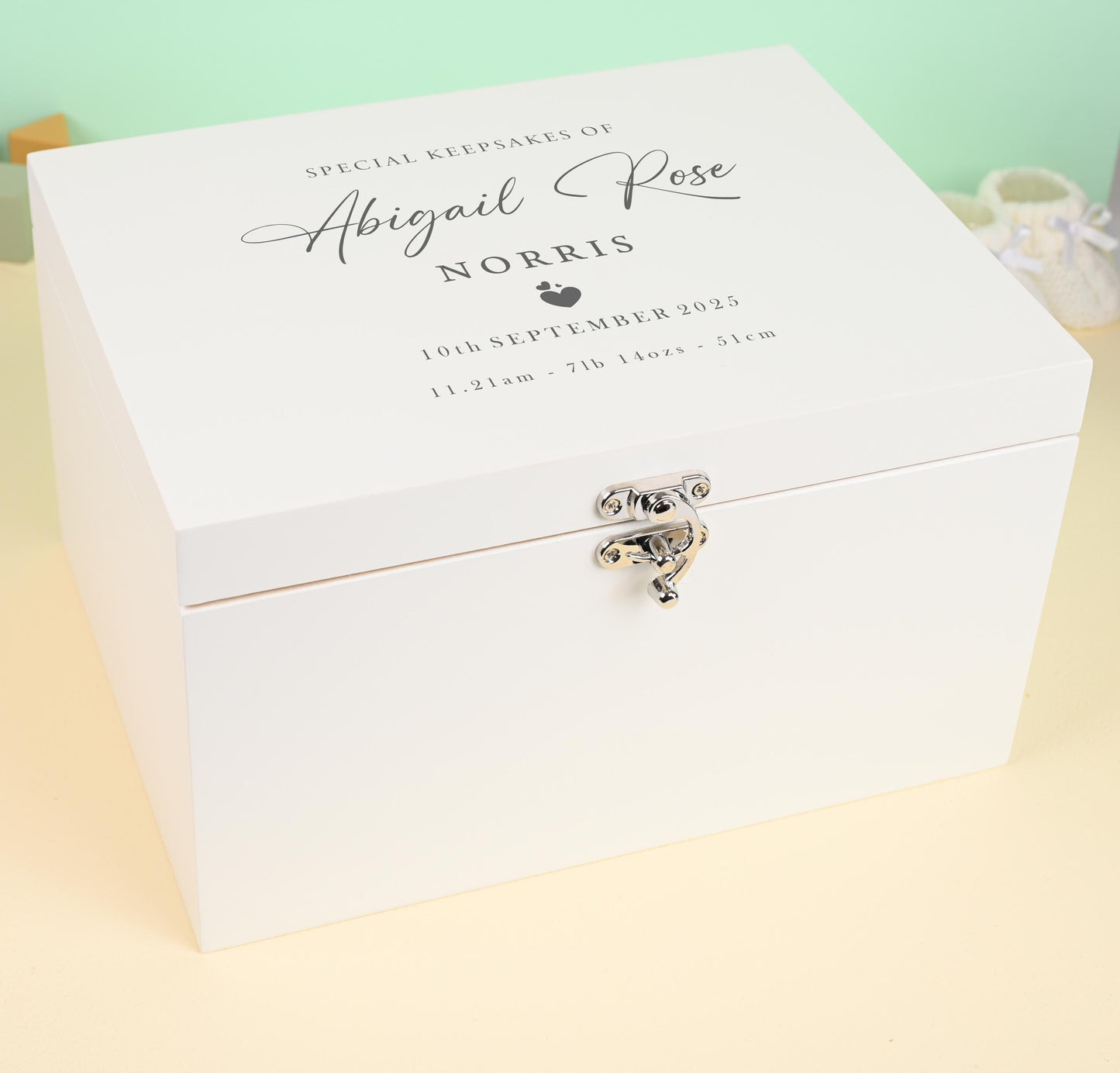 Luxury White Baby Keepsake Box Green - Personalised Green Initial Woodland Animals White Wooden Keepsake Box - new-born keepsake box