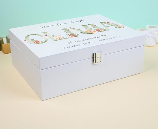 Personalized Woodland Animals Keepsake Box: Green Initial White Wooden Memory Box