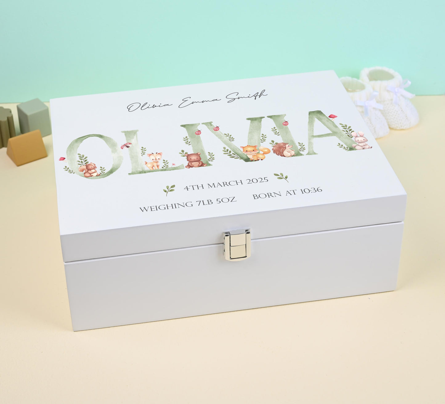 Personalized Woodland Animals Keepsake Box: Green Initial White Wooden Memory Box