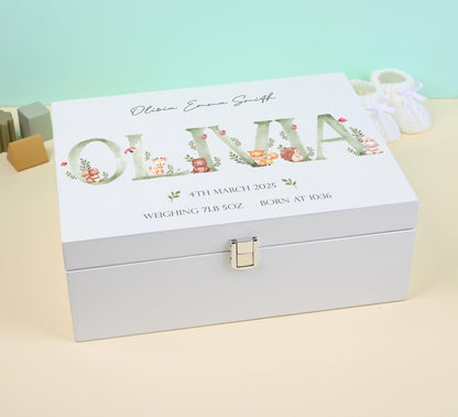 Personalized Woodland Animals Keepsake Box: Green Initial White Wooden Memory Box