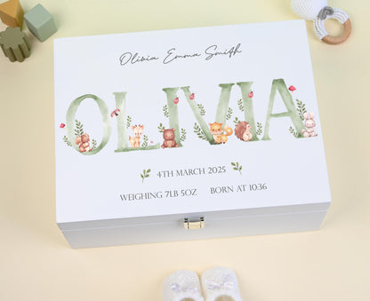 Personalized Woodland Animals Keepsake Box: Green Initial White Wooden Memory Box