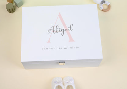 Luxury White Baby Keepsake Box - Personalised Green Initial Woodland Animals White Wooden Keepsake Box - new-born keepsake box