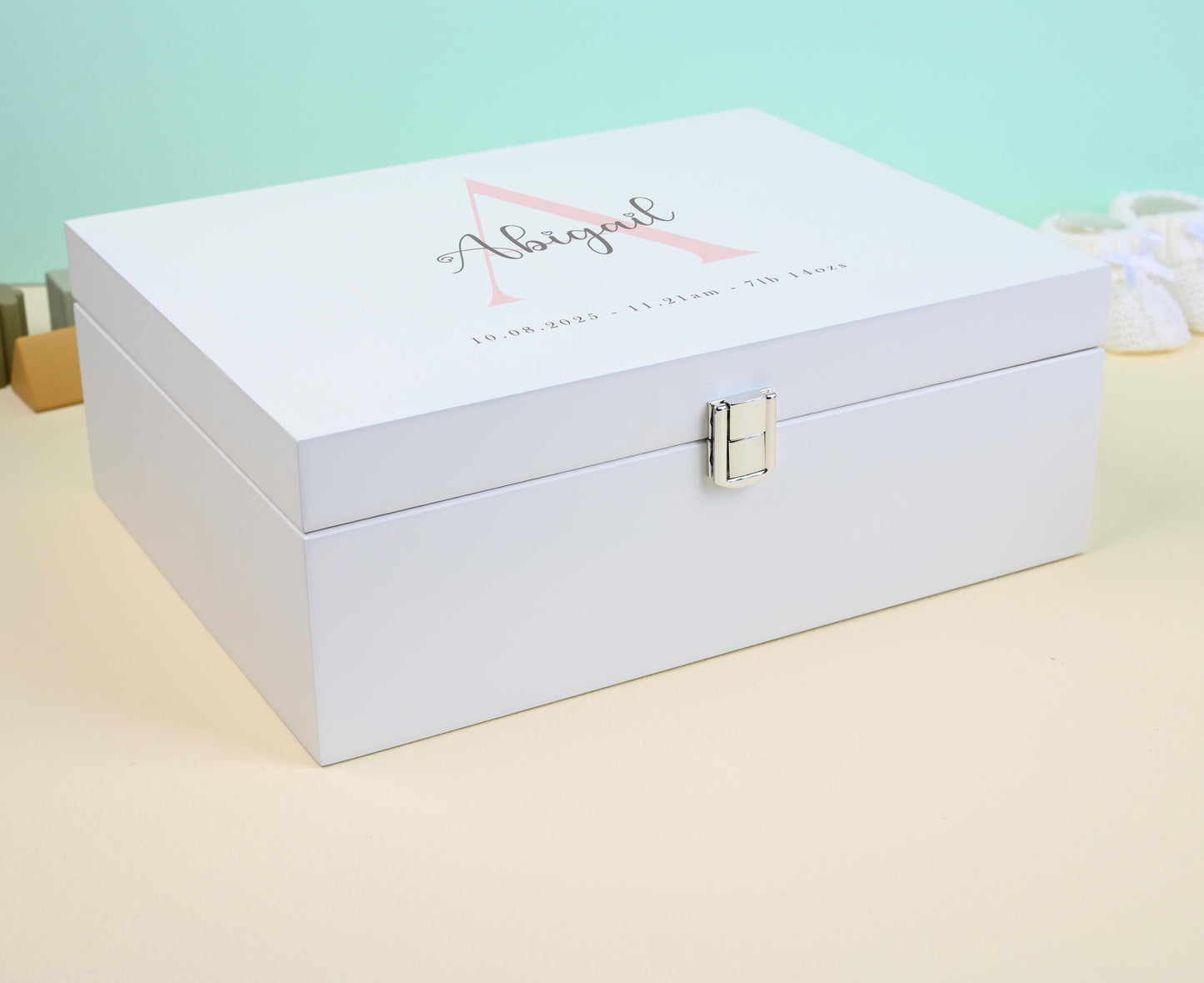 Luxury White Baby Keepsake Box - Personalised Green Initial Woodland Animals White Wooden Keepsake Box - new-born keepsake box