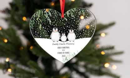 Personalised Penguin Family Christmas Ornament: First Christmas Heart Bauble