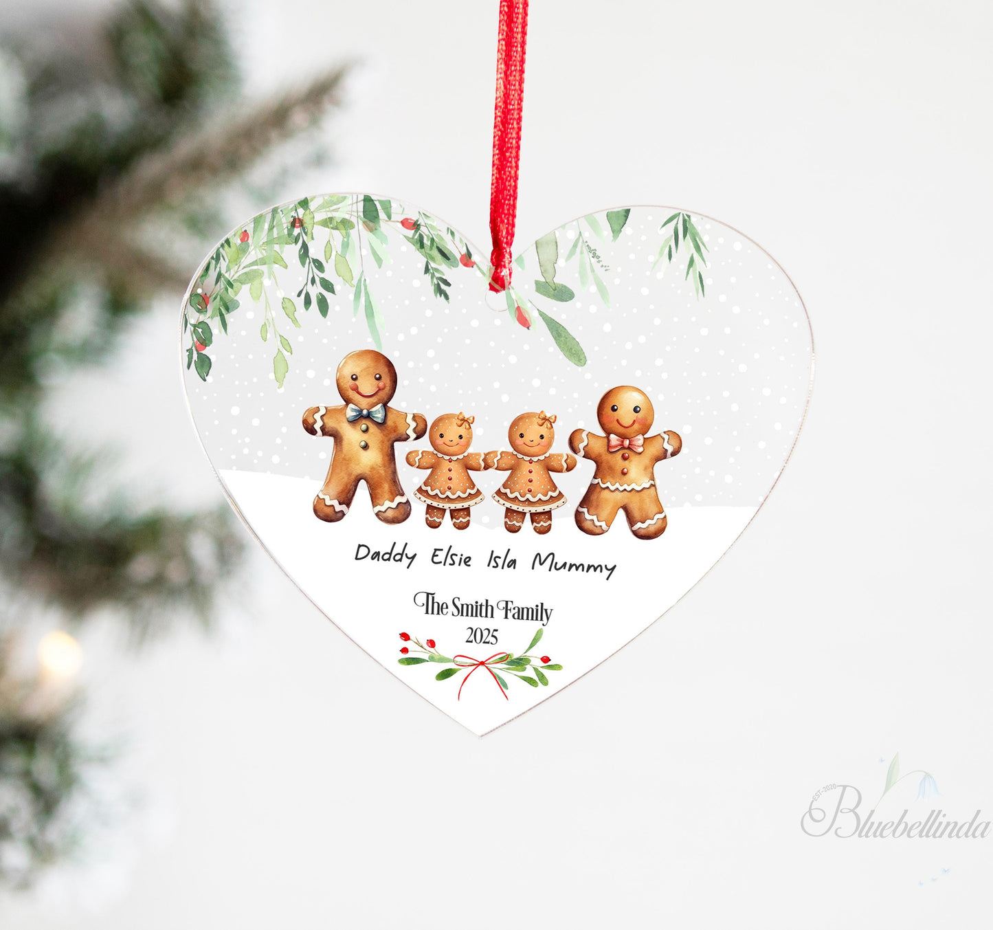 Personalised Gingerbread Family Acrylic Bauble Christmas Tree Ornament Decoration Heart