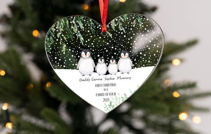 Personalised Penguin Family Christmas Ornament: First Christmas Heart Bauble
