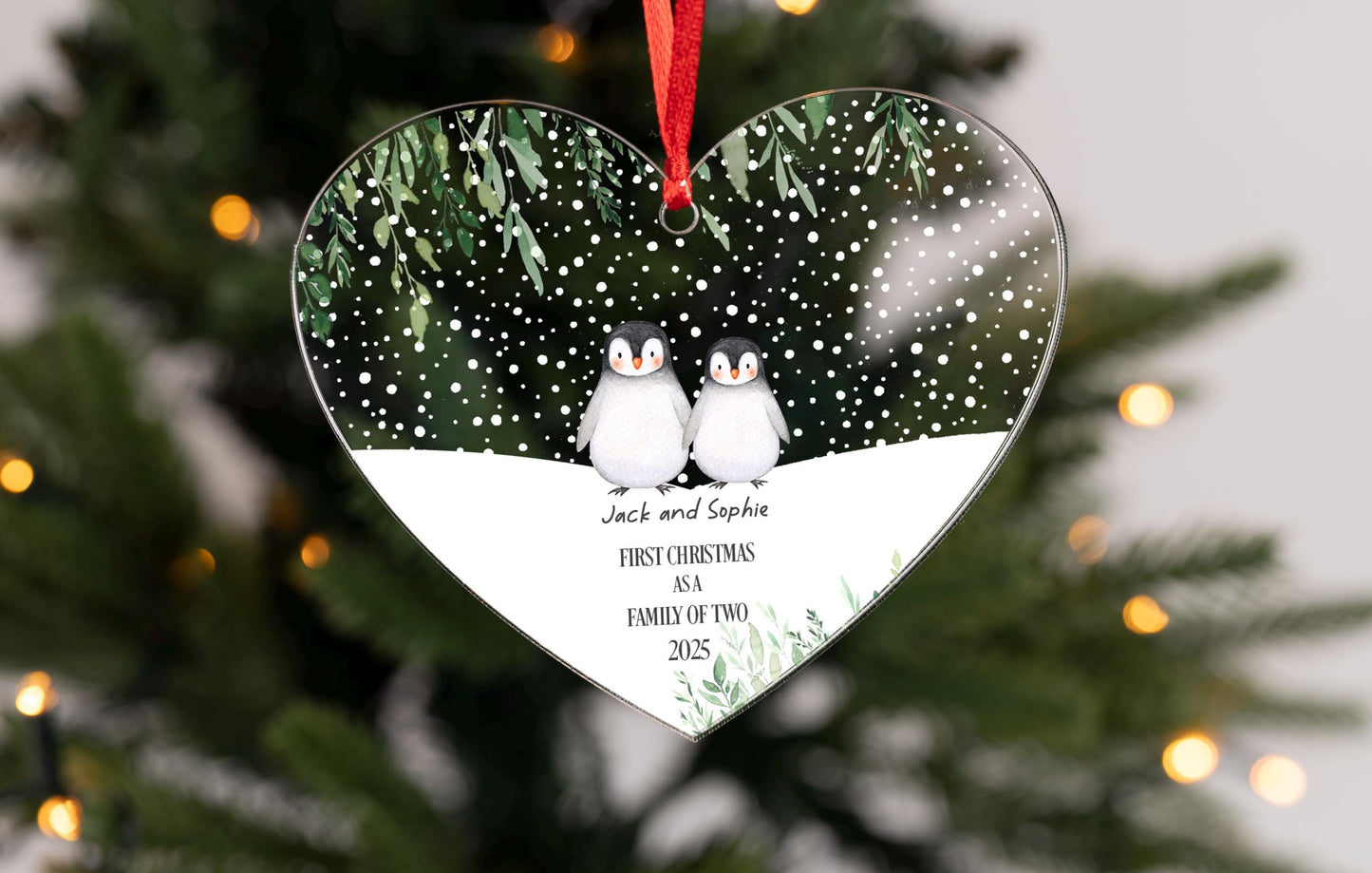Personalised Penguin Family Christmas Ornament: First Christmas Heart Bauble
