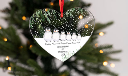 Personalised Penguin Family Christmas Ornament: First Christmas Heart Bauble