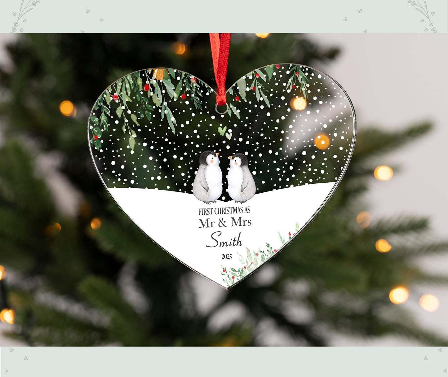 Personalised Bauble Heart Penguin Mr & Mrs First Christmas Married Bauble |Christmas Decoration Gift Ornament