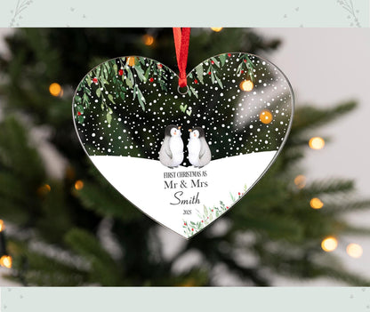 Personalised Bauble Heart Penguin Mr & Mrs First Christmas Married Bauble |Christmas Decoration Gift Ornament