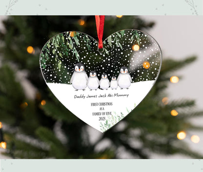 Personalised Penguin Family Christmas Ornament: First Christmas Heart Bauble